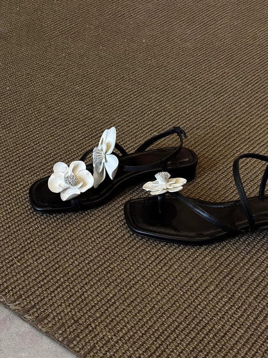 Women's French floral one-strap sandals, soft leather open-toe beach sandals in fairy style