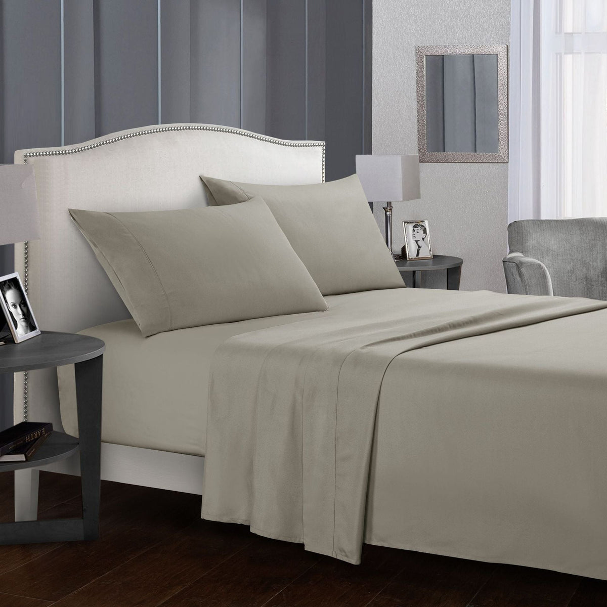 Four-piece bed sheet set by My Store, showing soft fabric with coordinated flat sheet, fitted sheet, and pillowcases