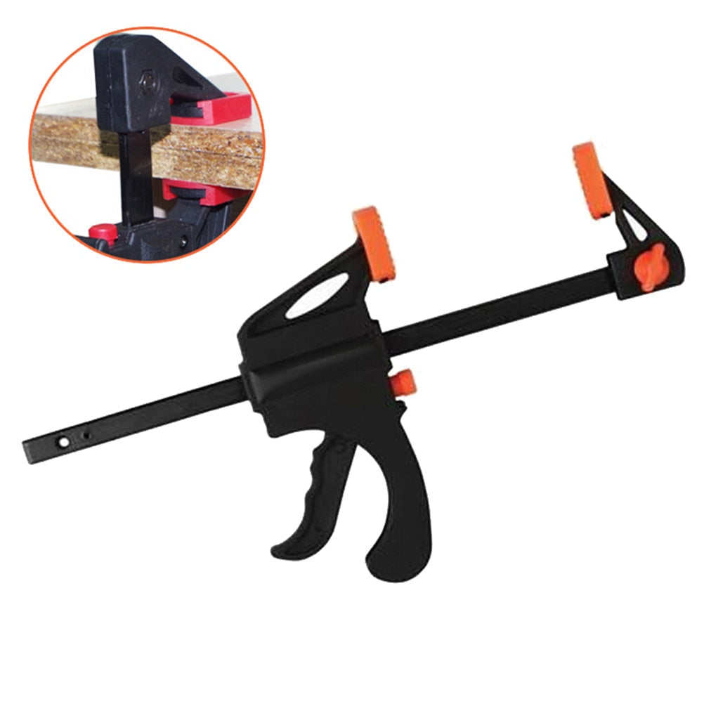 Woodworking F clip clamp, type 0, with sturdy metal frame and adjustable jaw for securing materials