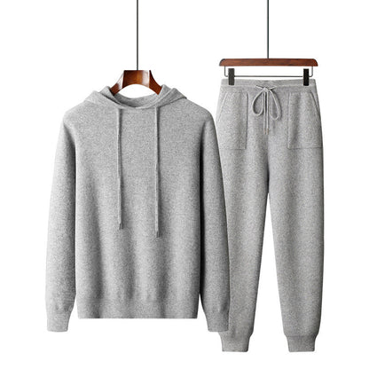 Men's solid color casual hooded knitted sweatshirt and long pants set by My Store