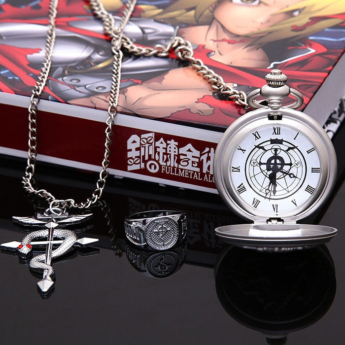 Fullmetal Alchemist pocket watch with engraved design and metallic finish