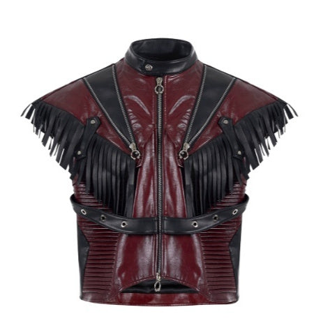 Deconstructed design red PU leather pants for men, front view