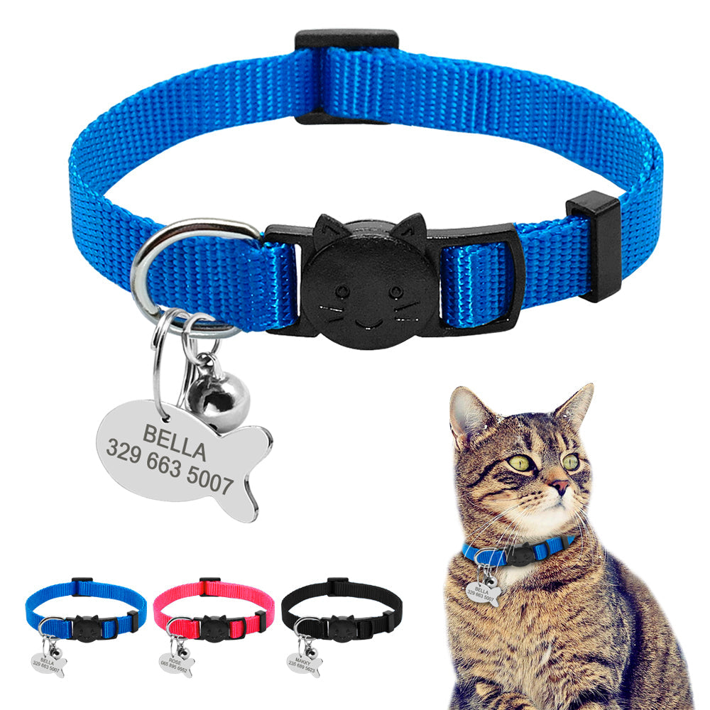 Personalized safety breakaway nylon cat collar with quick release and ID tag set