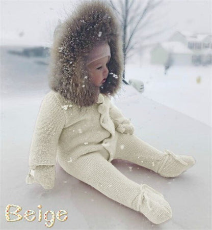 Warm hooded romper in soft fabric with a cozy hood and full-length design