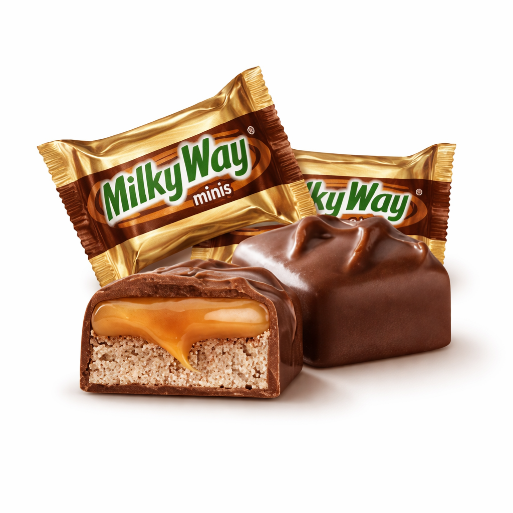 Milky Way Mini Bars milk chocolate candies from Candy In Bulk, showing a handful of individually wrapped mini chocolate bars.