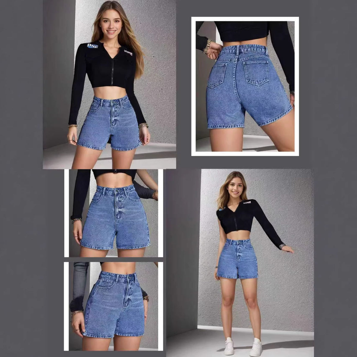 Distressed vintage non-stretch denim shorts in classic blue wash