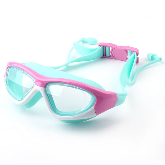 Children's non-fogging swimming goggles with comfortable silicone frame and one-piece earplugs