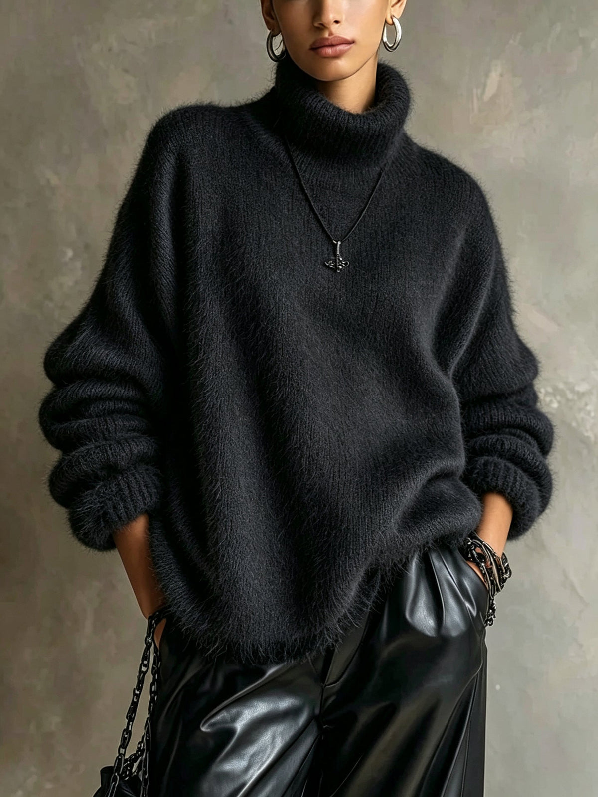 Women's solid-color loose-fitting turtleneck sweater in soft plush knit、】【