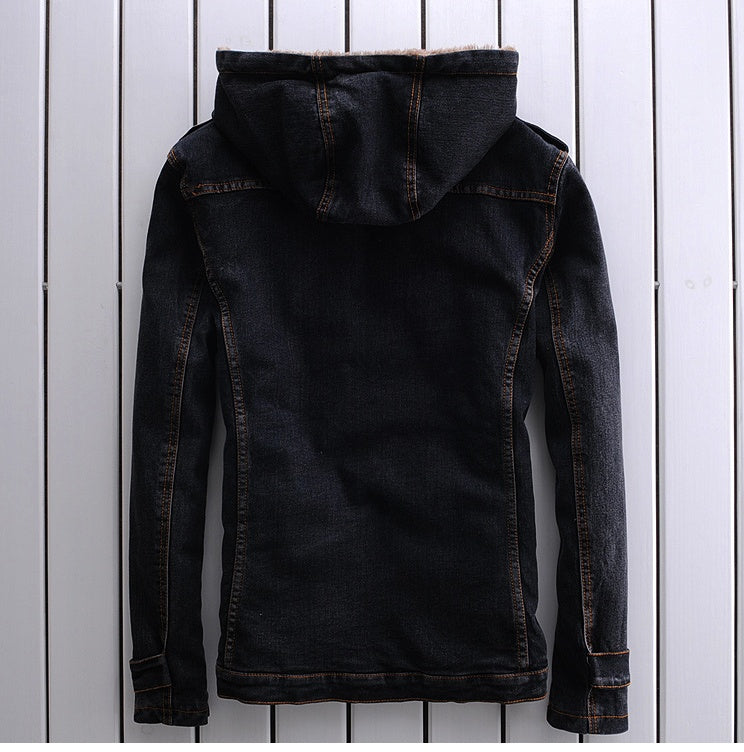 Warm denim jacket by My Store, blue denim outerwear with classic collar and button front