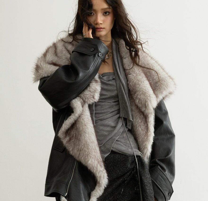 Handsome detachable fur-collar PU leather jacket in black, front view