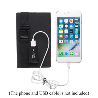 Foldable solar bag in black, portable design with solar panels for charging devices