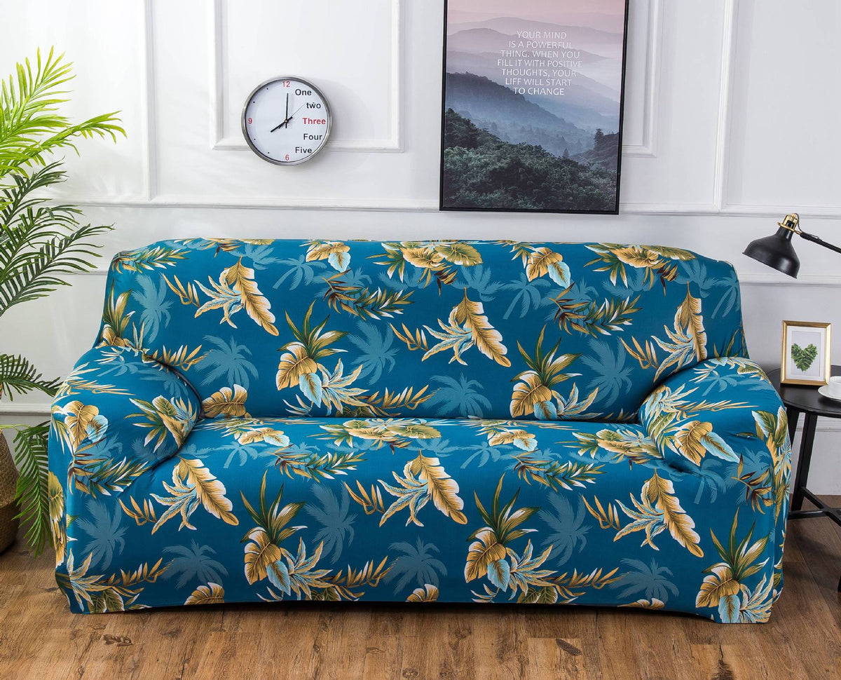 Printed sofa cushion cover with decorative pattern, shown on a sofa seat