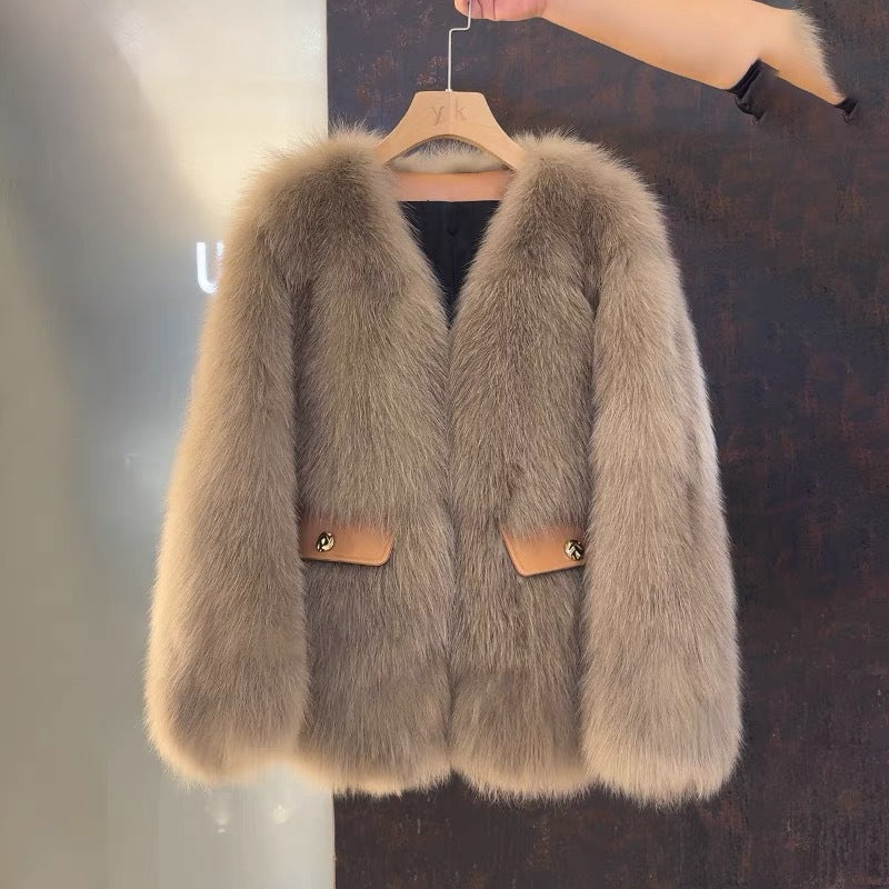 Maillard winter fur coat for women, full-length design in a warm neutral tone