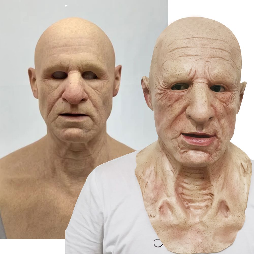 Old man Halloween mask with white hair and white beard headgear