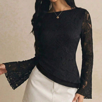 Women's embroidered top with lace panels and long sleeves
