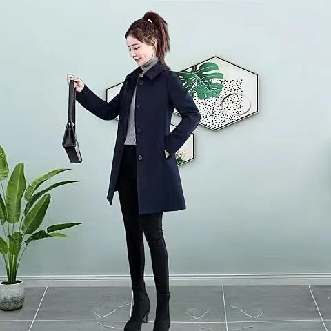 Women's petite midi-length plaid trench coat with classic double-breasted front and belted waist