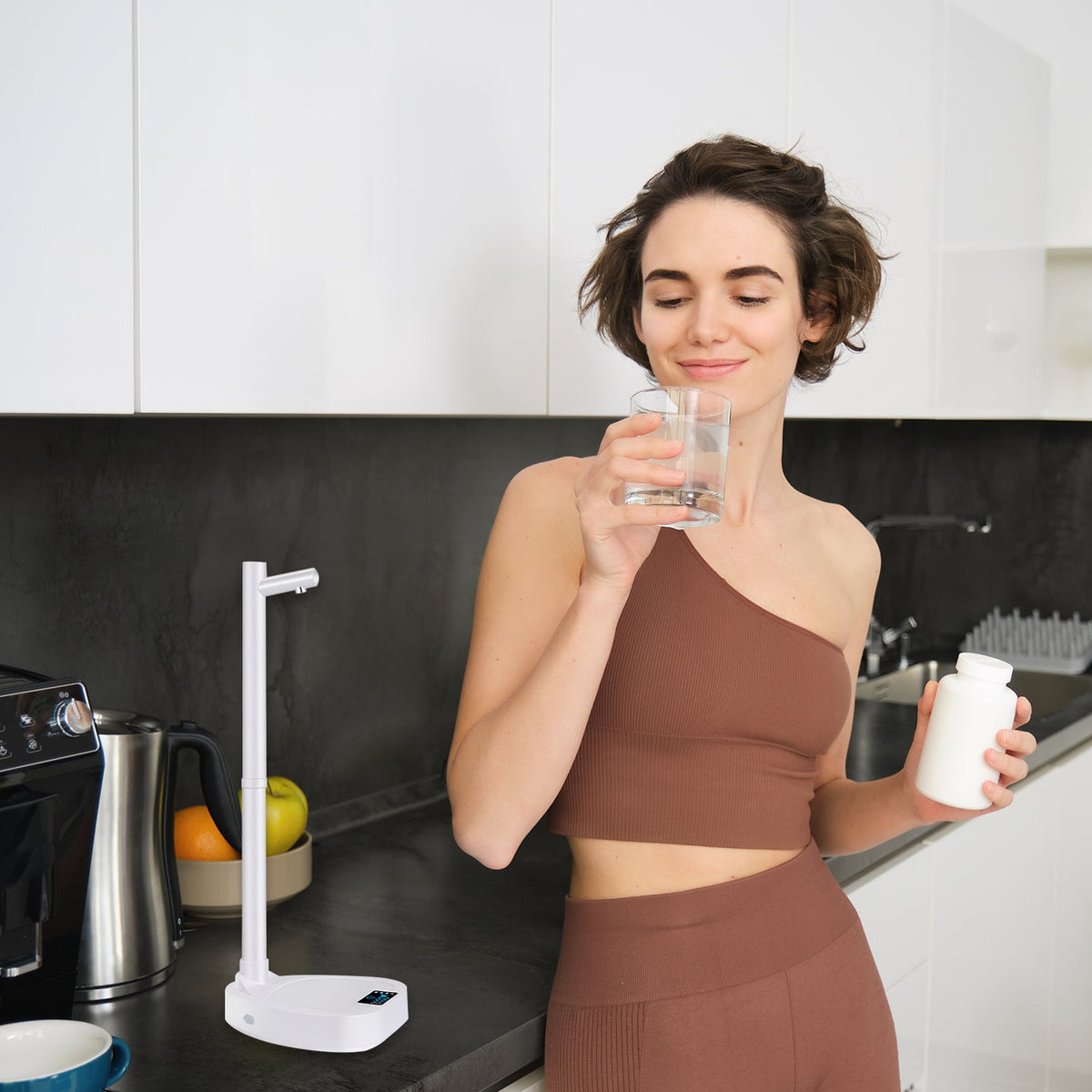 Automatic desktop water dispenser with stand, rechargeable water bottle pump and added extension tube