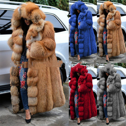 Women's long hooded faux fur coat in a soft, plush design
