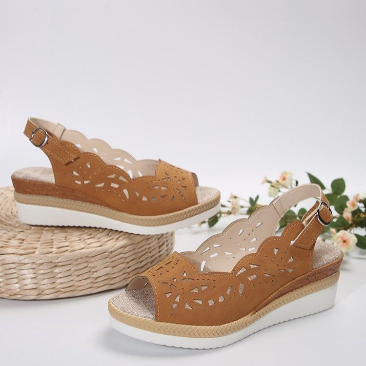 Women's plus-size thick-soled wedge sandals with cross straps, side view
