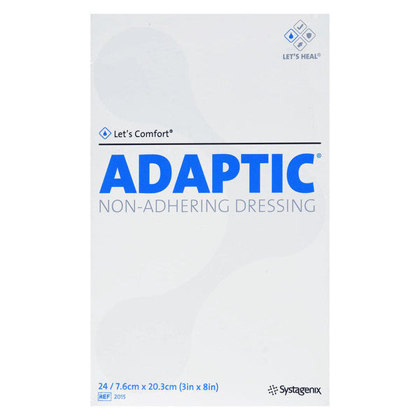 Pack of 24 Adaptic Dress 3x8 sterile wound dressings from Pasteur Pharmacy, with adhesive border for wound protection