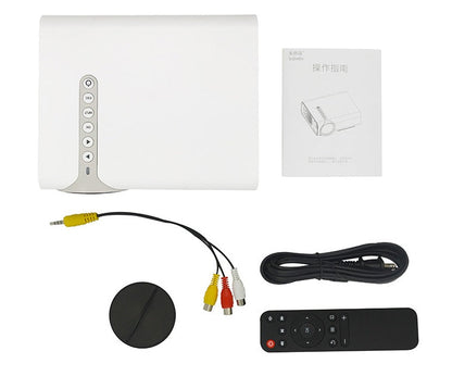 Portable mini HD 1080P projector for home use, compact design with visible lens and control panel