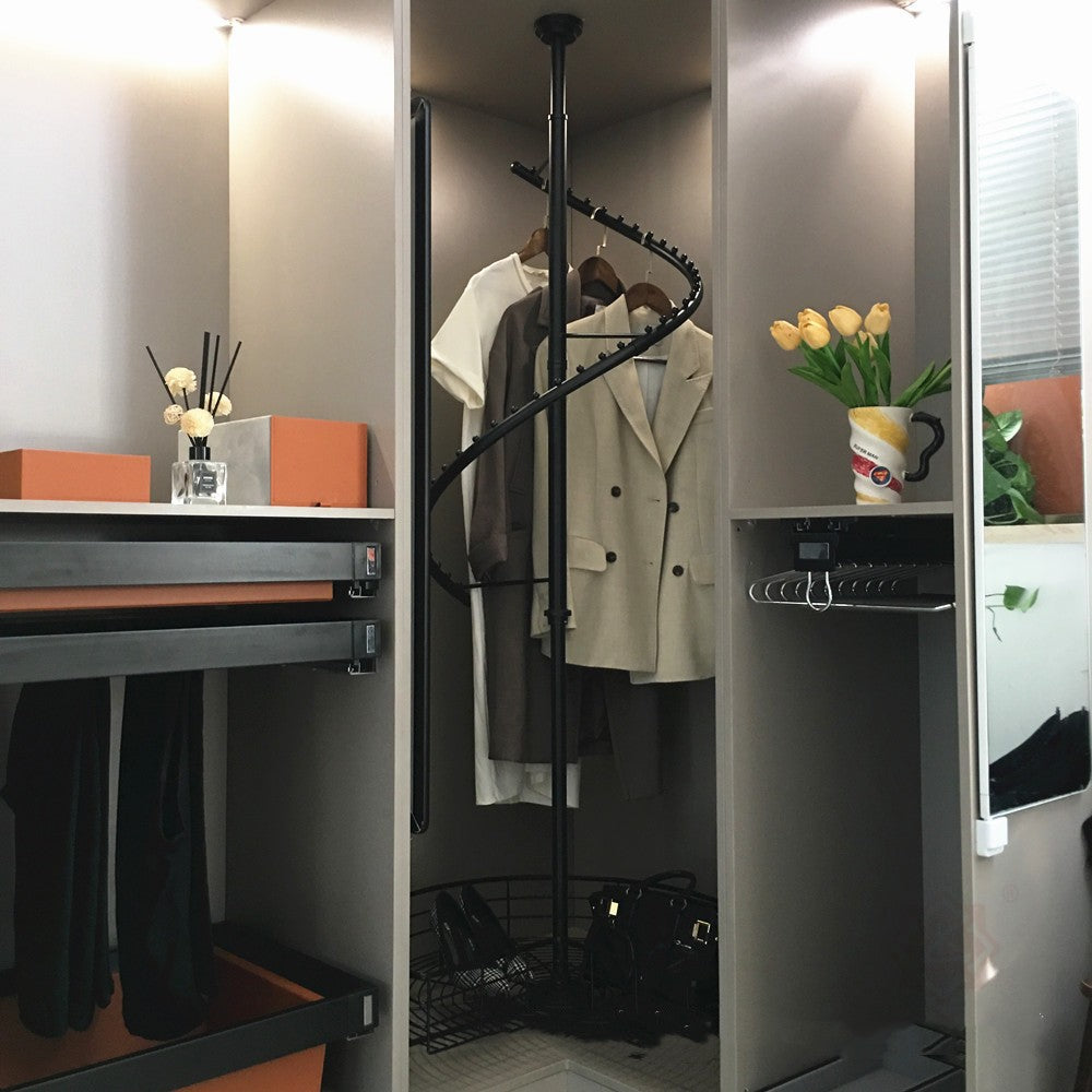 360-degree rotating wardrobe closet hanger with multiple hanging rods and a compact storage design