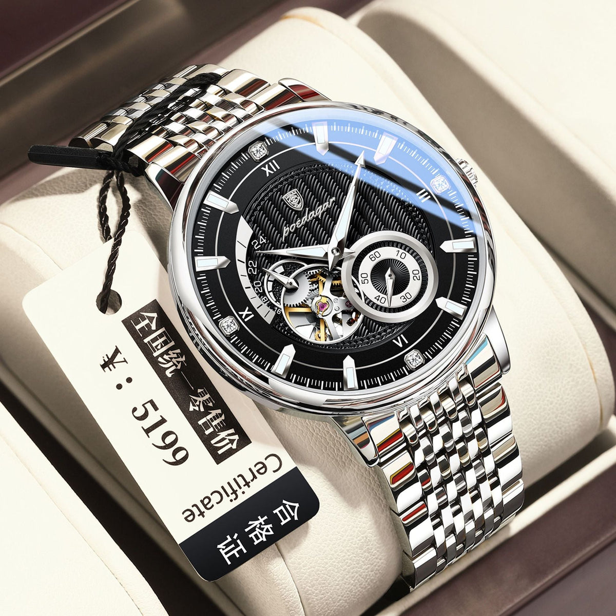 Men's fully automatic waterproof luminous mechanical watch with classic analog dial and stainless steel case