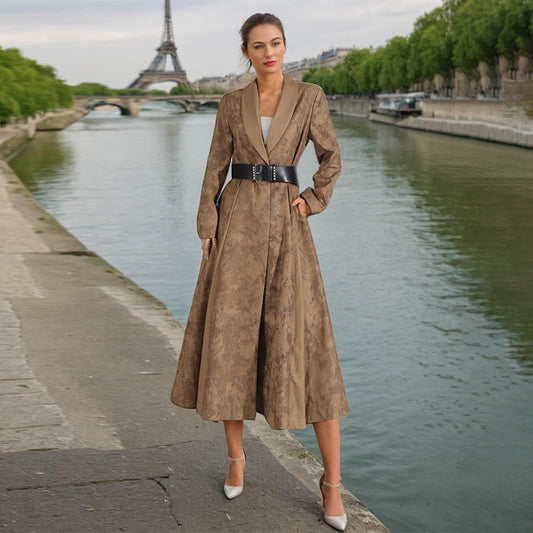 Blooming Texture women's V-neck leather slimming trench coat in a sleek, tailored silhouette