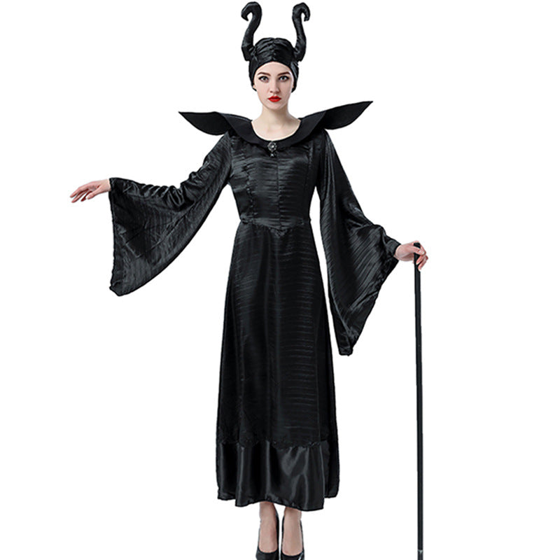 Dark Halloween witch costume with black dress, pointed hat, and spooky details
