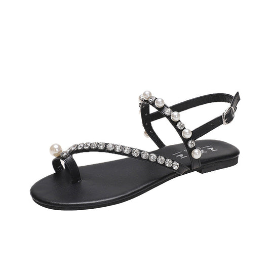 Women's rhinestone pearl toe loop Roman flat sandals in a gentle fairy style, plus size summer shoes