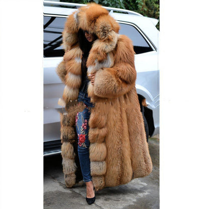 Women’s long hooded faux fur coat in a plush textured design