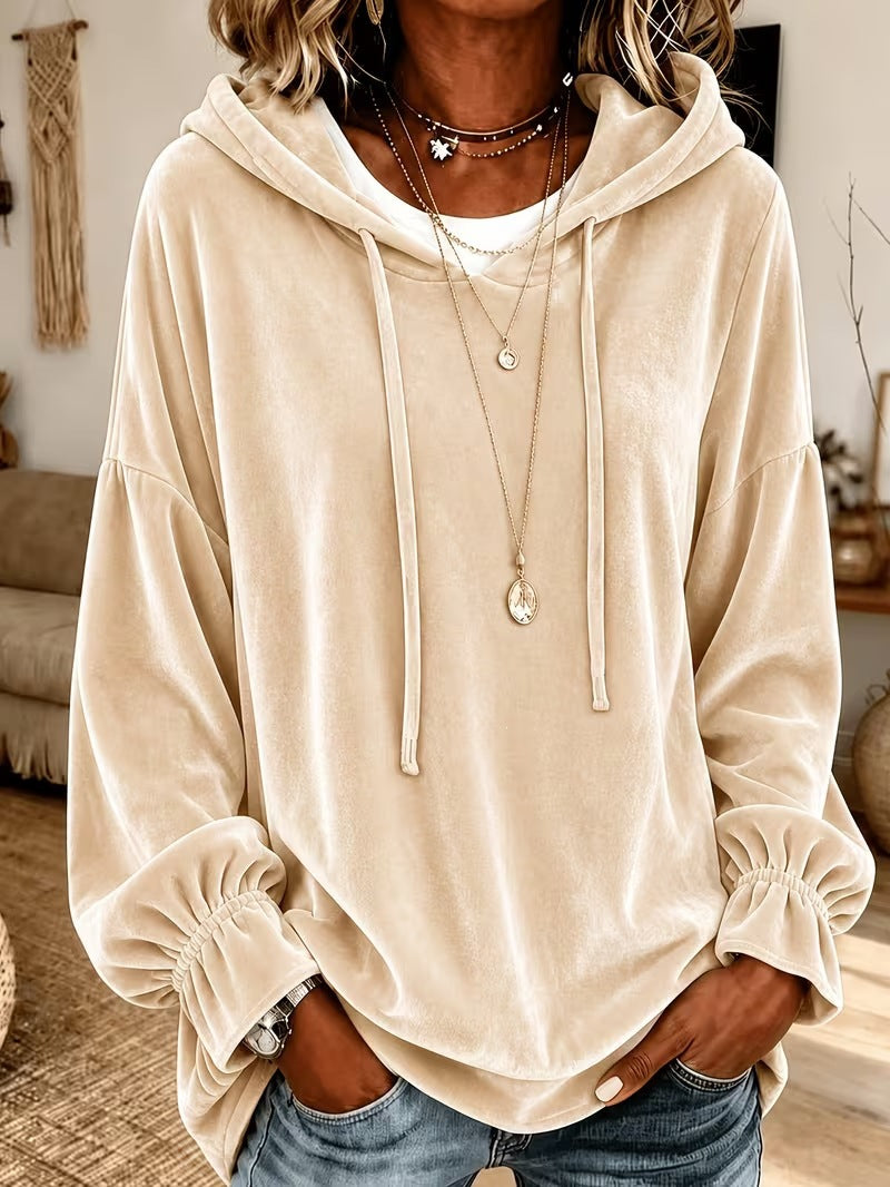 Women's hooded sweater with drawstring and loose velvet design for autumn and winter attire