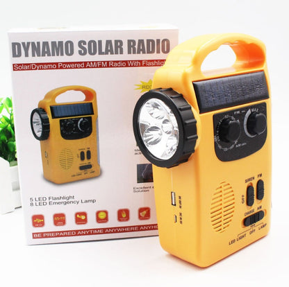 Hand-cranked emergency radio light with built-in flashlight and compact black design