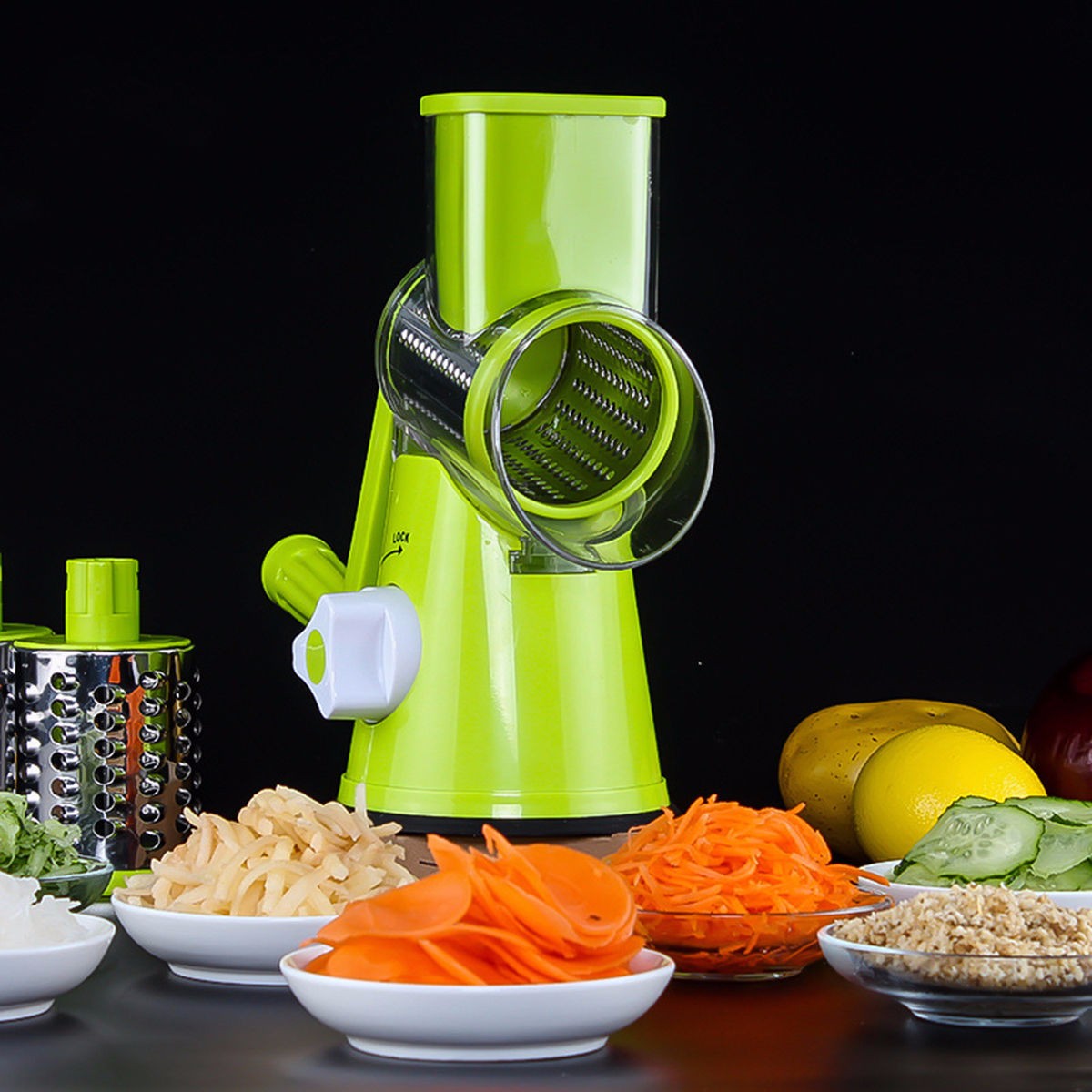 Round vegetable mandoline slicer with julienne cutter, potato and carrot grater, and cheese grater
