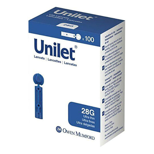 Unilet Lancets 28G Ultra Thin 100 count in blister pack, used for blood glucose testing, by Pasteur Pharmacy.