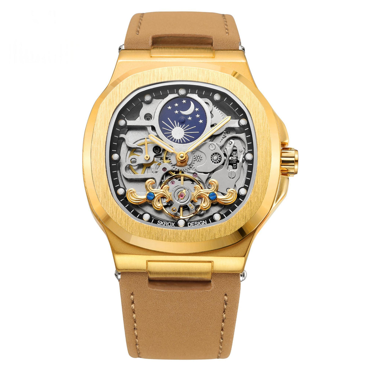 Full-automatic mechanical tourbillon hollow men's watch with visible skeleton dial and intricate movement