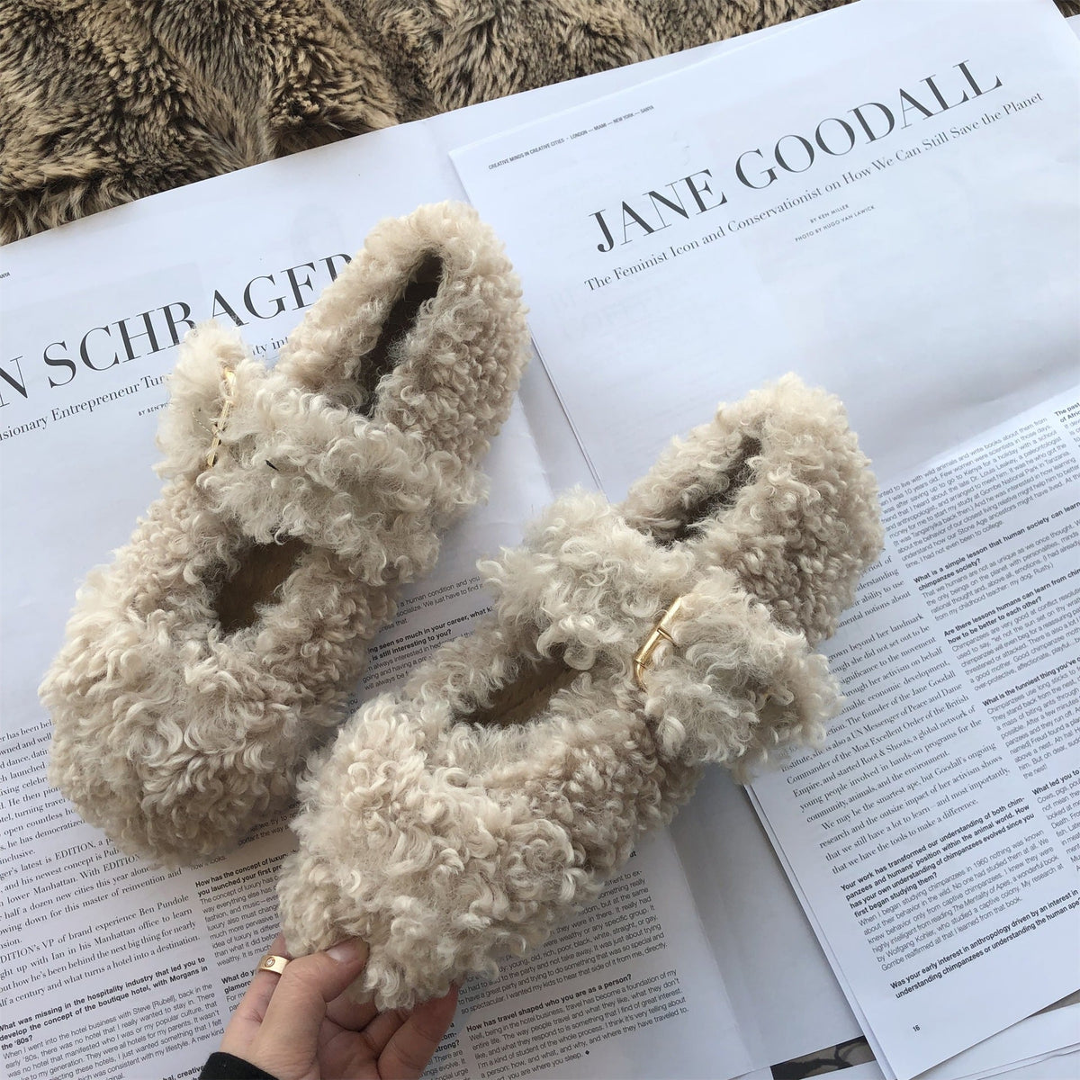 Warm furry shoes with soft fur lining and cozy winter design