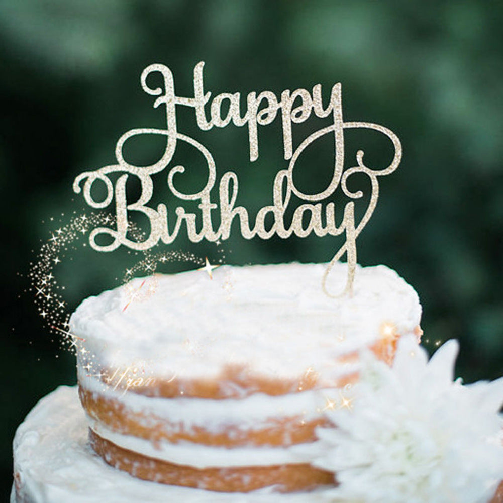 English Happy Birthday cake flag cake insert on a decorative stick, featuring colorful birthday lettering