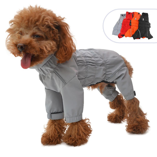 Four-legged dog raincoat pet clothing for outdoor use, featuring full-body coverage and leg openings
