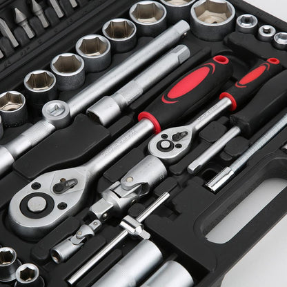 94-piece auto repair socket set with assorted sockets and hand tools in a storage case