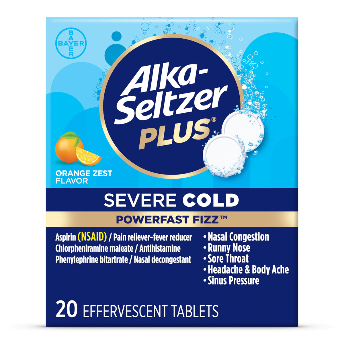 BackupMyFilesNow FIZZ ZEST+ severe cold relief effervescent tablets, 20 count, with citrus flavor and medicinal ingredients.