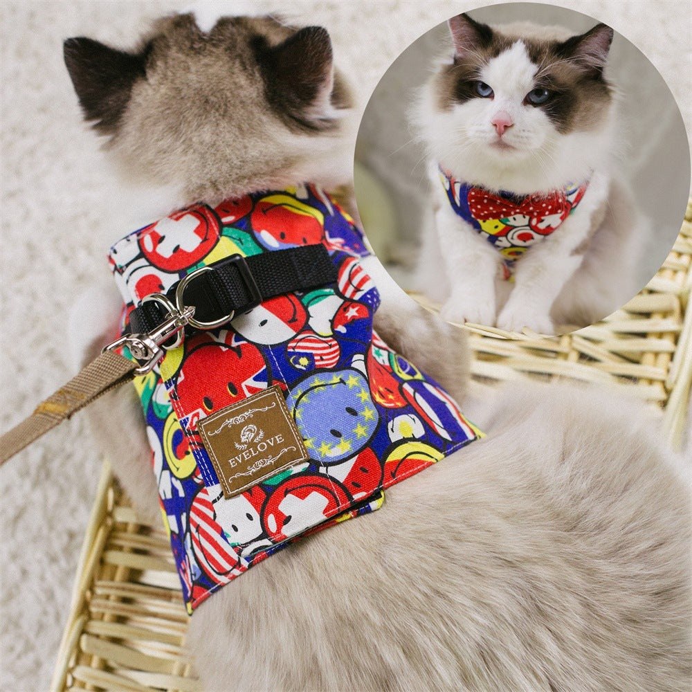 Rope cat traction chest strap set with bow, adjustable harness for cats