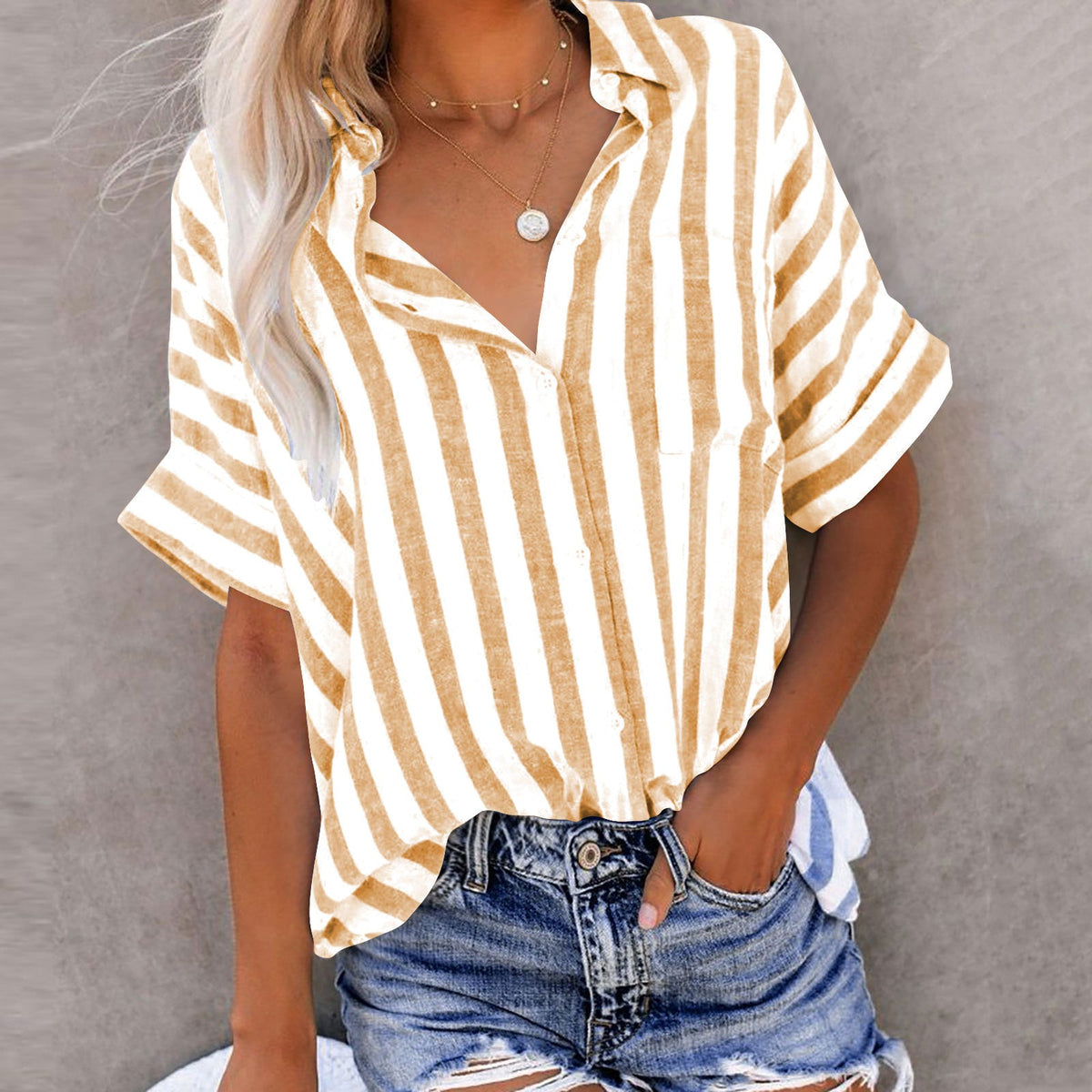 Madam striped short sleeve lapel button-pocket cardigan shirt in a casual style