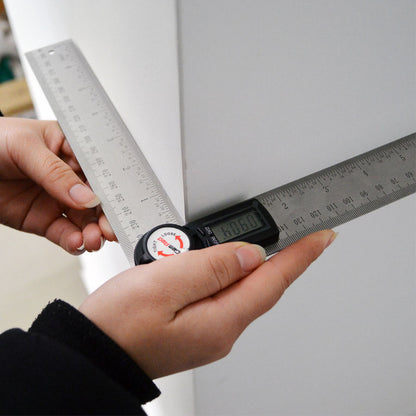 Electronic digital display angle ruler with stainless steel measuring arm and LCD screen