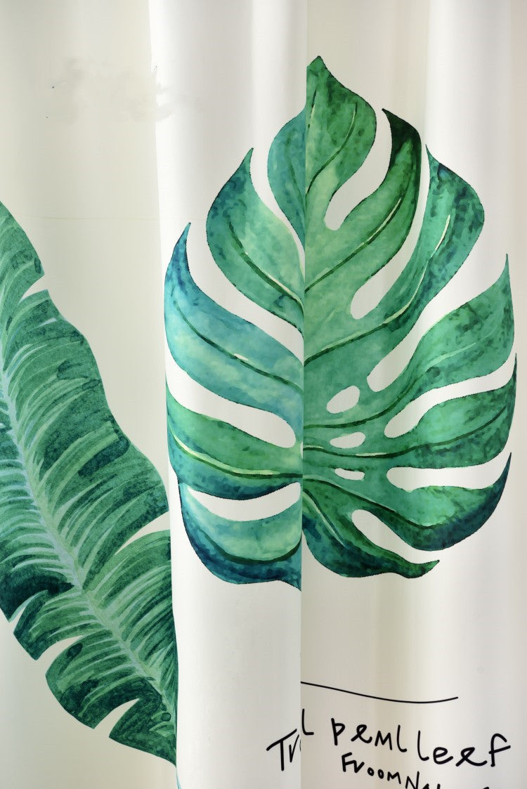 Banana leaf digital printing curtain in a tropical leaf pattern, shown hanging flat for home decor