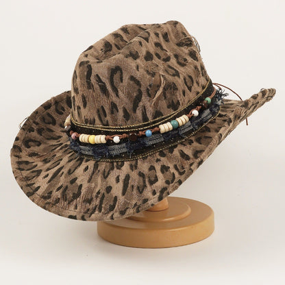 Women's wool ethnic-style leopard-print hat, visible textured fabric and patterned design