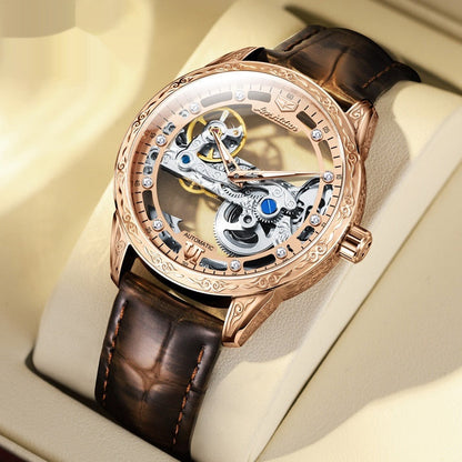 Openwork mechanical watch for men with waterproof leather strap, visible skeleton dial and exposed gears