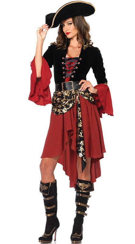 Women's pirate costume with pirate hat, corset top, skirt, and accessories for Halloween parties