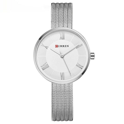 Women's waterproof quartz fashion casual watch with a sleek round dial and adjustable wristband