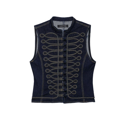 Denim vest with knot-detail topstitching by My Store, featuring a sleeveless design and front button closure